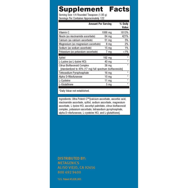 Metagenics Ultra Potent-C Powder - 8.39 oz Vitamin C Supplement - Supplement Facts panel