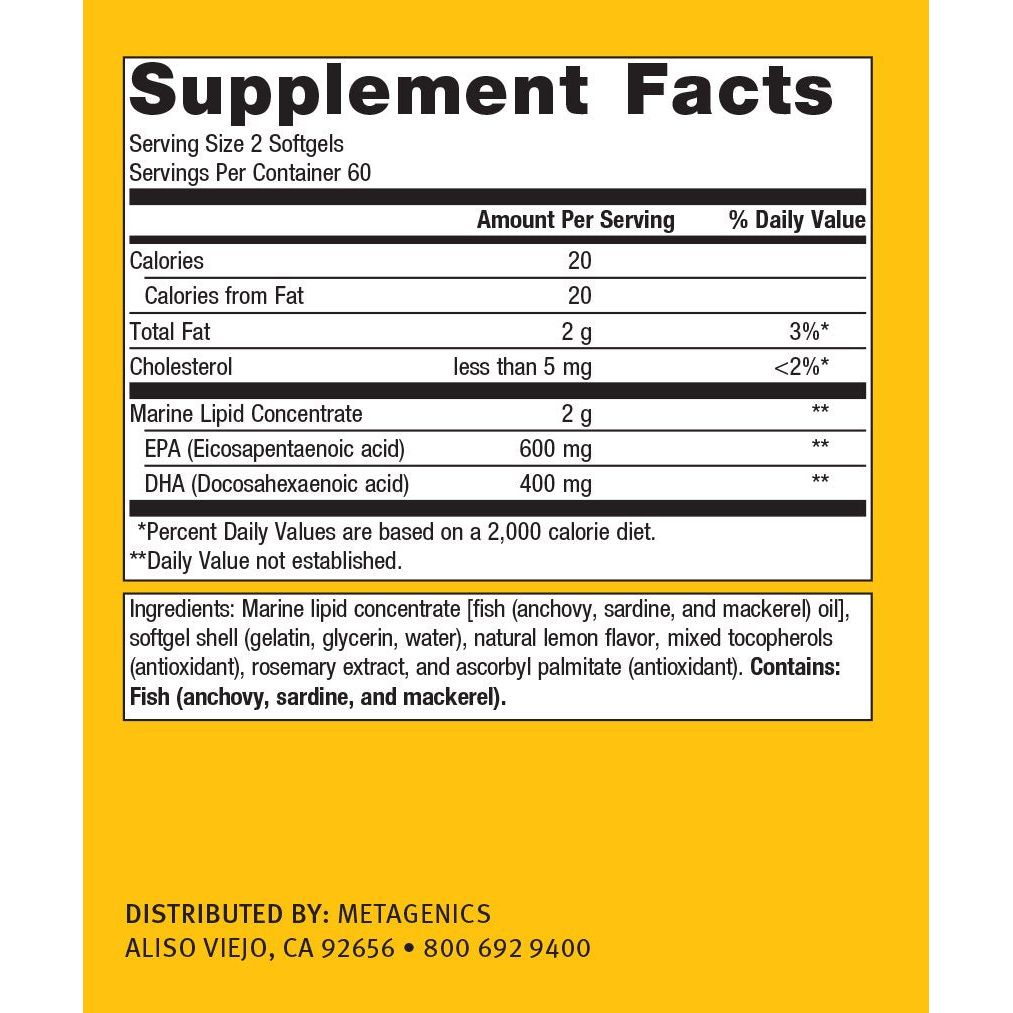 Metagenics OmegaGenics EPA-DHA 500mg - 120 Count - Supplement Facts panel