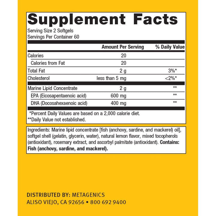 Metagenics OmegaGenics EPA-DHA 500mg - 120 Count - Supplement Facts panel
