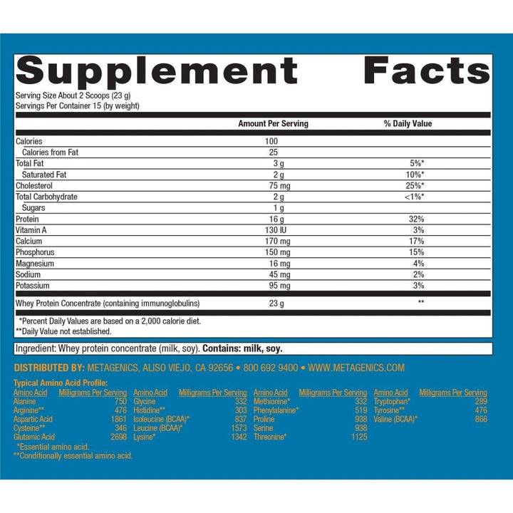 Metagenics BioPure Protein powder 12.3oz (15 servings) - Supplement Facts panel