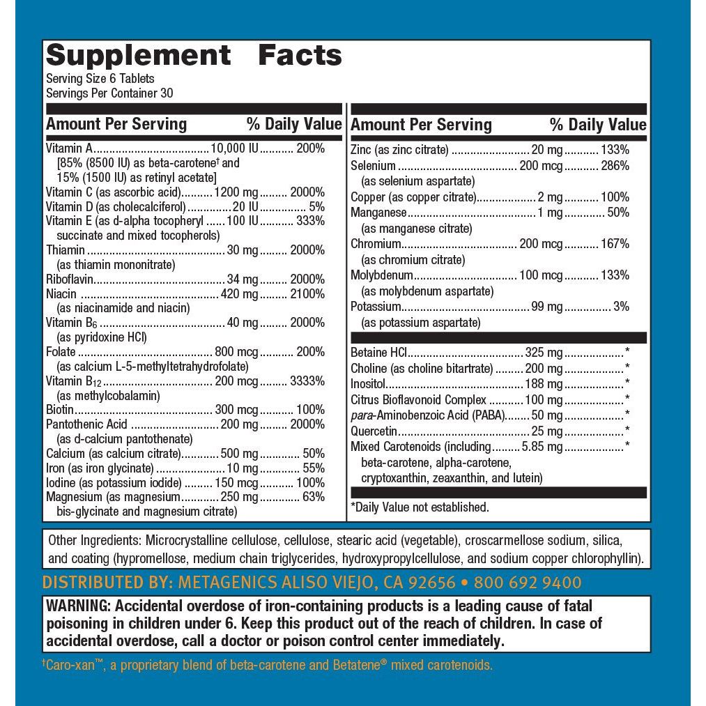 Metagenics Multigenics - Optimum Multiple Vitamin/Mineral Formula 30 Servings - Supplement Facts panel