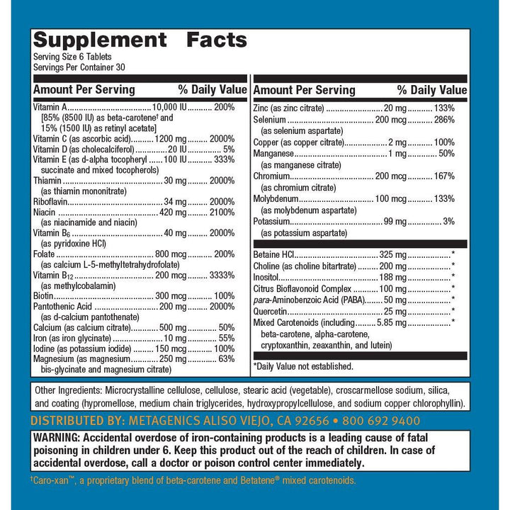 Metagenics Multigenics - Optimum Multiple Vitamin/Mineral Formula 30 Servings - Supplement Facts panel