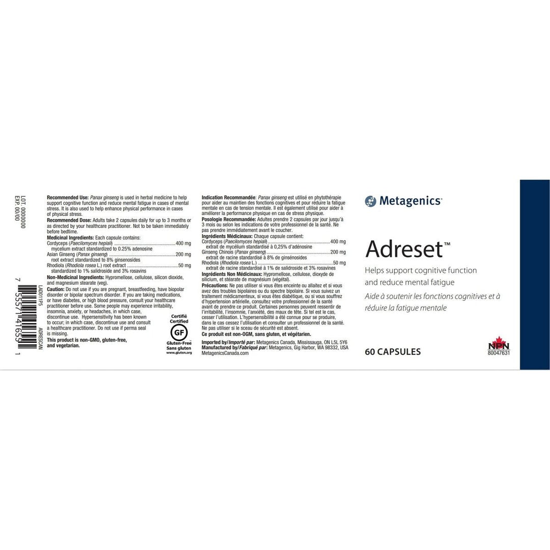 Metagenics Adreset - 60 Capsules - Supplement Facts panel