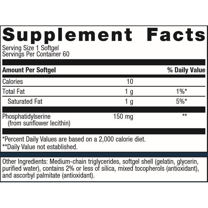 Metagenics Phosphatidylserine - Cognitive Function and Learning Support - 60 Count - Supplement Facts panel