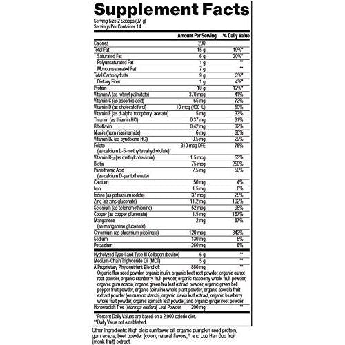 Metagenics Ketogenic Featuring MCT, Pumpkin Seed Protein, and Gum Acacia ? Phyto Moringa, 14 Servings - Supplement Facts panel