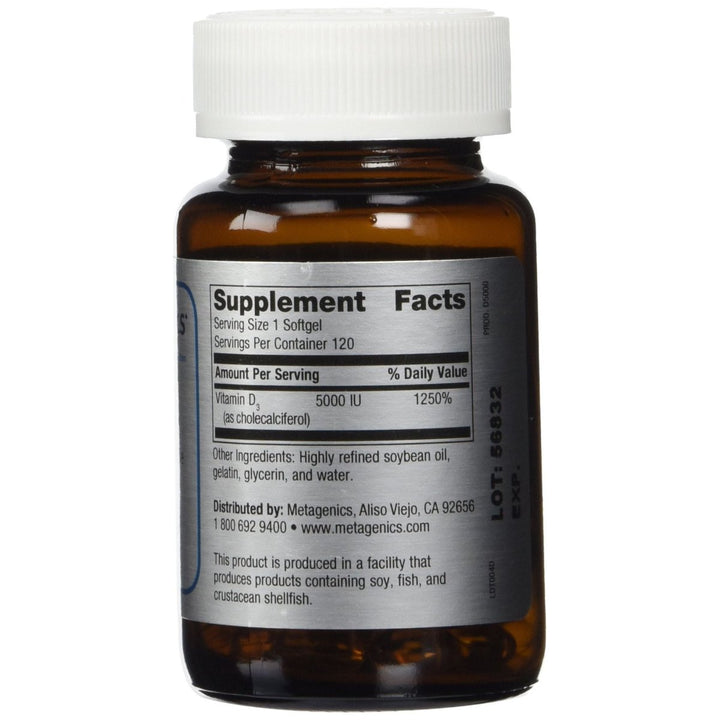 Metagenics, D3 5000, 120 Softgels - Supplement Facts panel