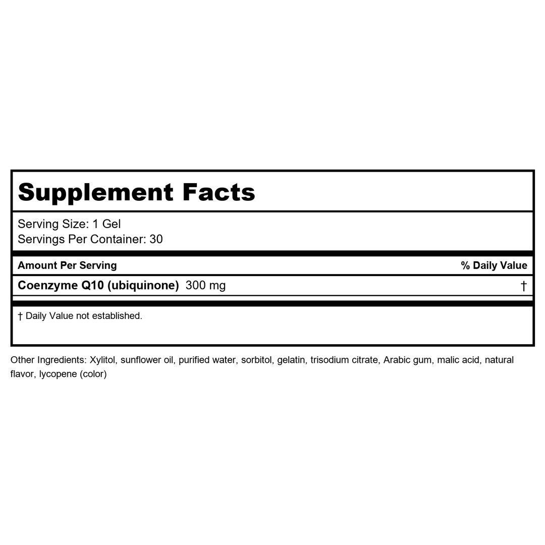 Title: Metagenics NutraGems CoQ10 300 - Enhanced Absorption Coenzyme Q10, 30 Gems - Supplement Facts panel