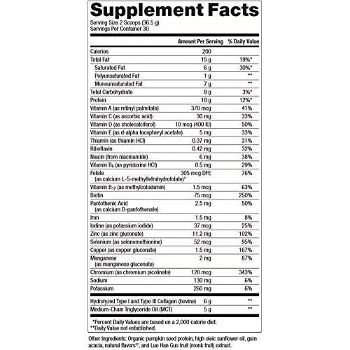 Metagenics Ketogenic Featuring MCT, Pumpkin Seed Protein, and Gum Acacia ? Vanilla Flavor, 30 Servings - Supplement Facts panel