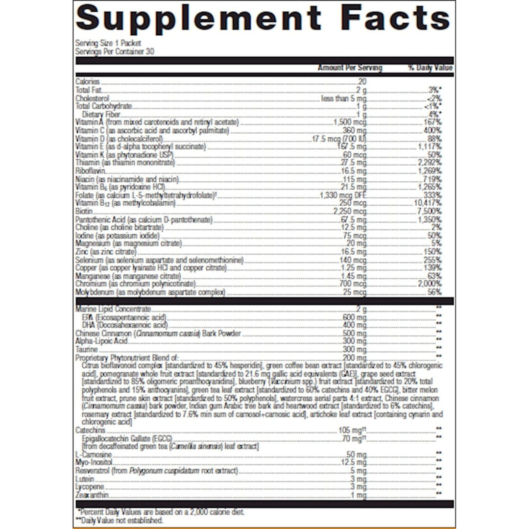 Metagenics Wellness Essentials? Healthy Balance - 30 Packets. Targeted Multifaceted Health Support - Supplement Facts panel