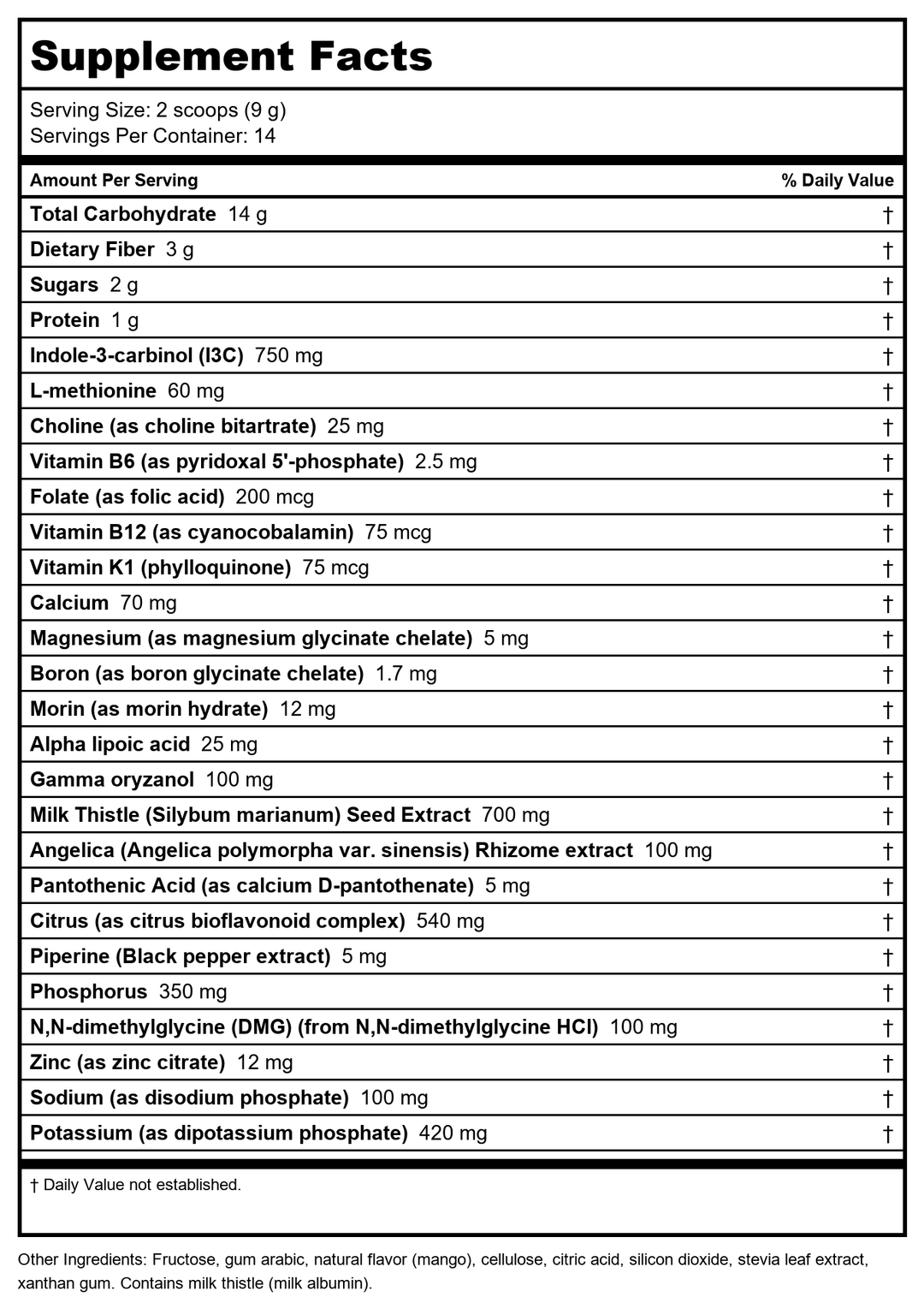 Metagenics Axis Endo Mango 14 Servings (Formerly Estrium) - Supplement Facts panel