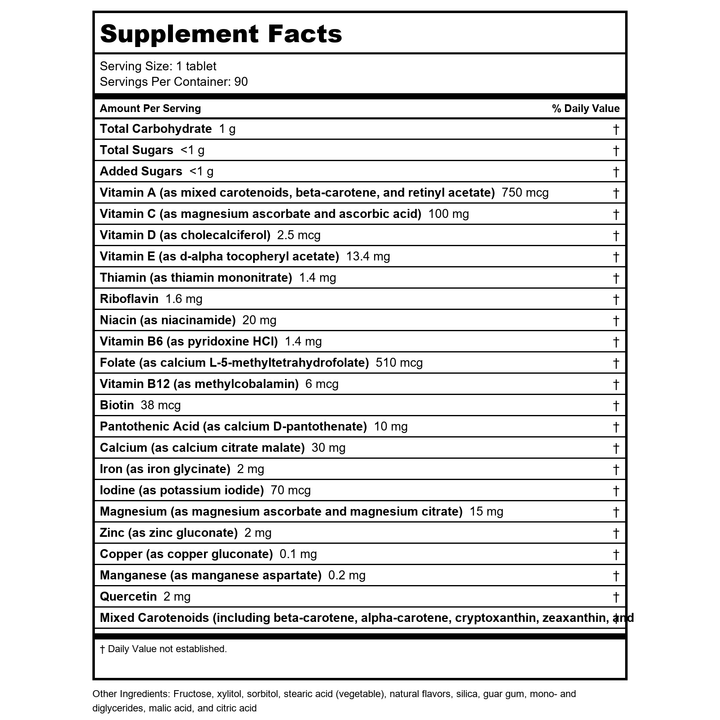Metagenics Multigenics Chewable Orange Flavor 90 Tablets - TwinPak - Supplement Facts panel