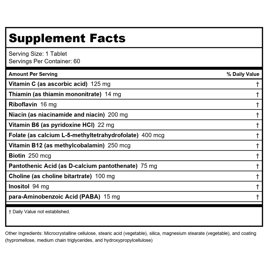Metagenics Glycogenics - Complete, Well-Balanced B-Complex Formula - 60 Servings - Supplement Facts panel