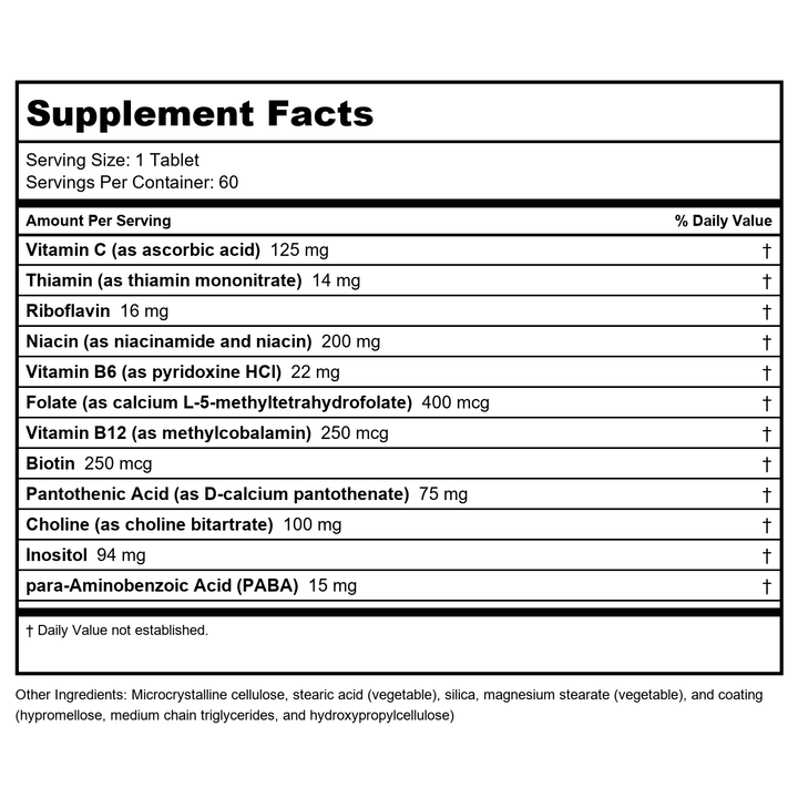 Metagenics Glycogenics - Complete, Well-Balanced B-Complex Formula - 60 Servings - Supplement Facts panel