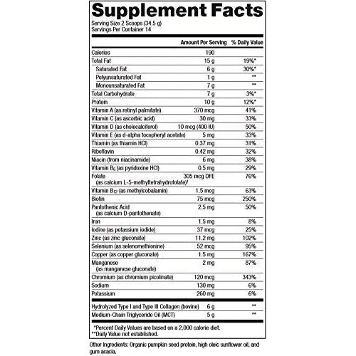 Metagenics Ketogenic - Boost Your Ketosis with MCT, Pumpkin Seed Protein, and Gum Acacia - Unflavored, 14 Servings - Supplement Facts panel