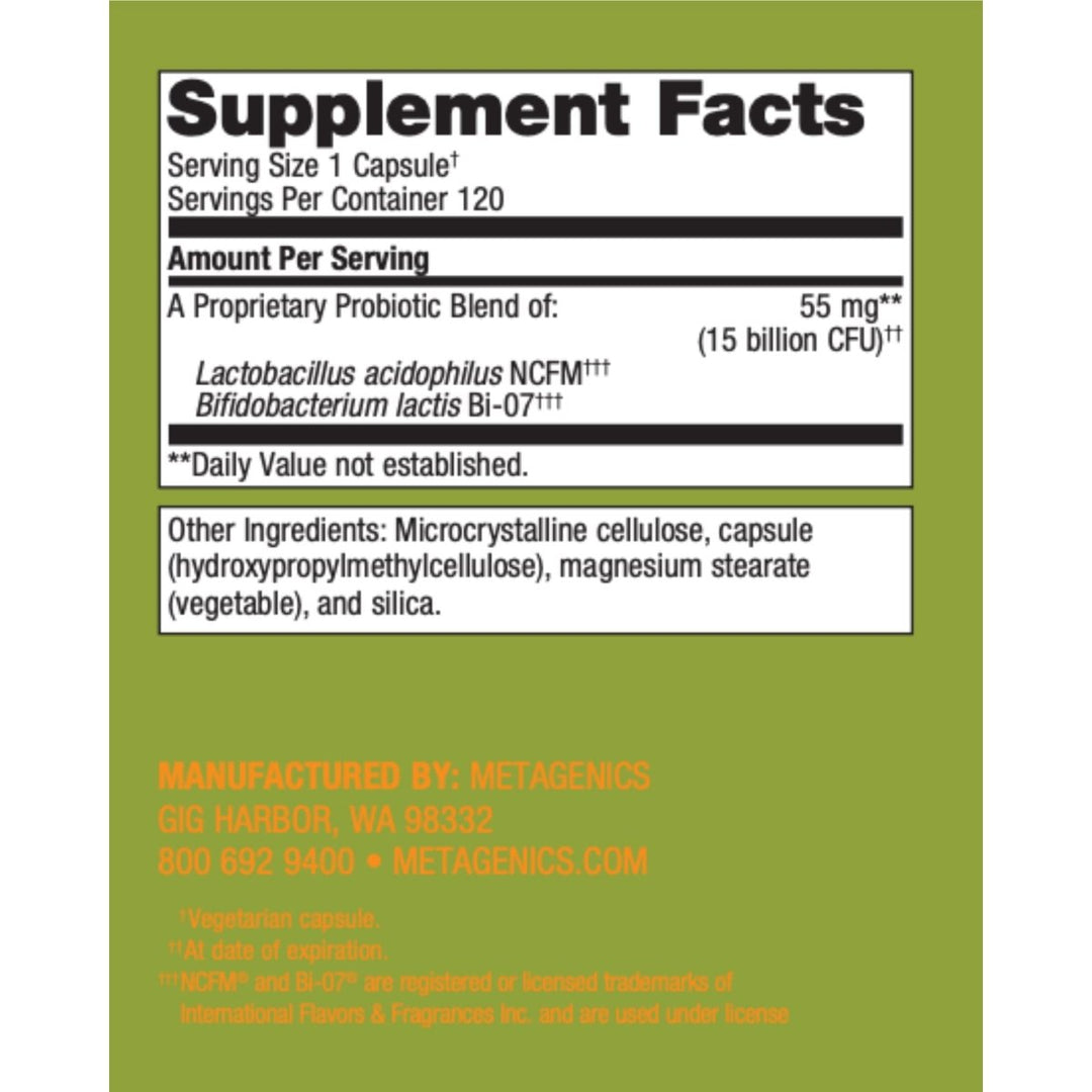 Metagenics UltraFlora Balance - Daily Probiotic for Immune Support and Digestive Health, Designed to Support a Healthy Intestinal Environment - 120 Count - Supplement Facts panel