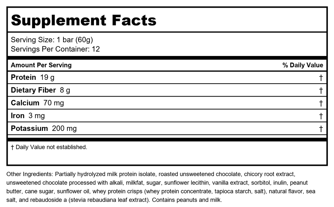 Metagenics Ultra Protein Bar - Protein Fitness Bar with 19 grams of Protein and 8 grams of Dietary Fiber, Peanut Butter Flavor, 12 Bars - Supplement Facts panel