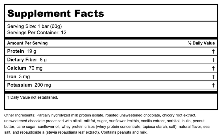 Metagenics Ultra Protein Bar - Protein Fitness Bar with 19 grams of Protein and 8 grams of Dietary Fiber, Peanut Butter Flavor, 12 Bars - Supplement Facts panel