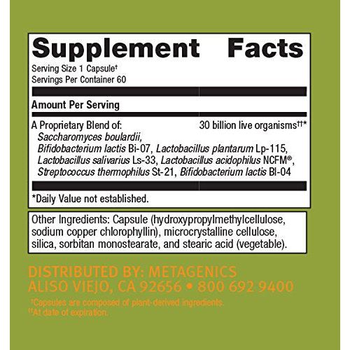 Metagenics UltraFlora Spectrum - Daily Probiotic - Gastrointestinal &amp; Immune Support | 60 Count - Supplement Facts panel