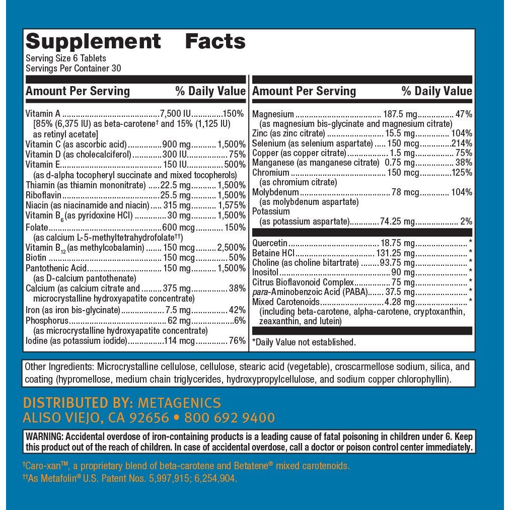 Metagenics Multigenics? Intensive Care ? Advanced Nutritional Support Designed for Optimal Health* ? 30 Servings - Supplement Facts panel