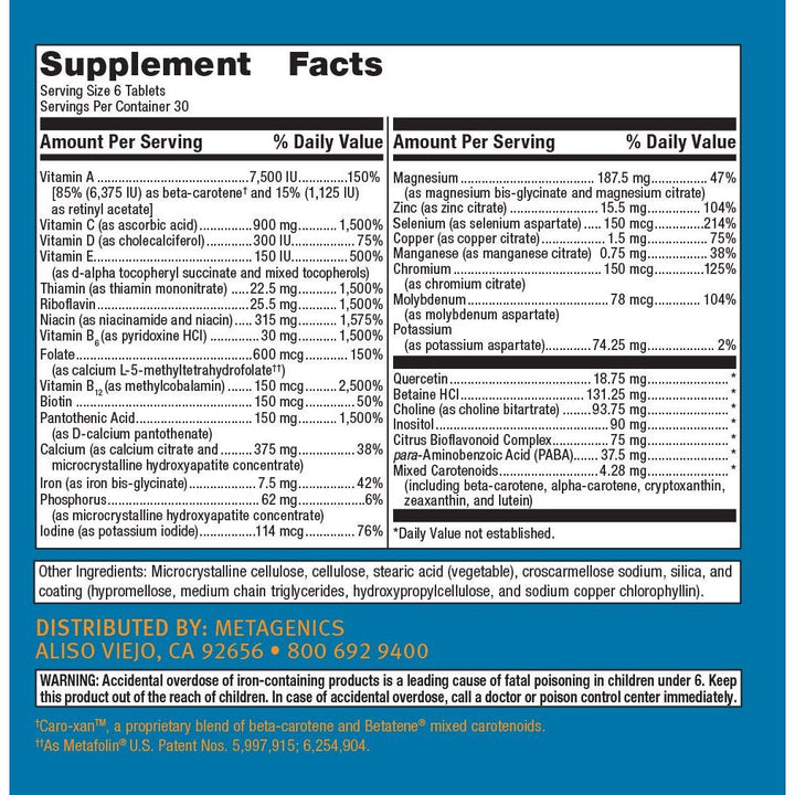 Metagenics Multigenics? Intensive Care ? Advanced Nutritional Support Designed for Optimal Health* ? 30 Servings - Supplement Facts panel