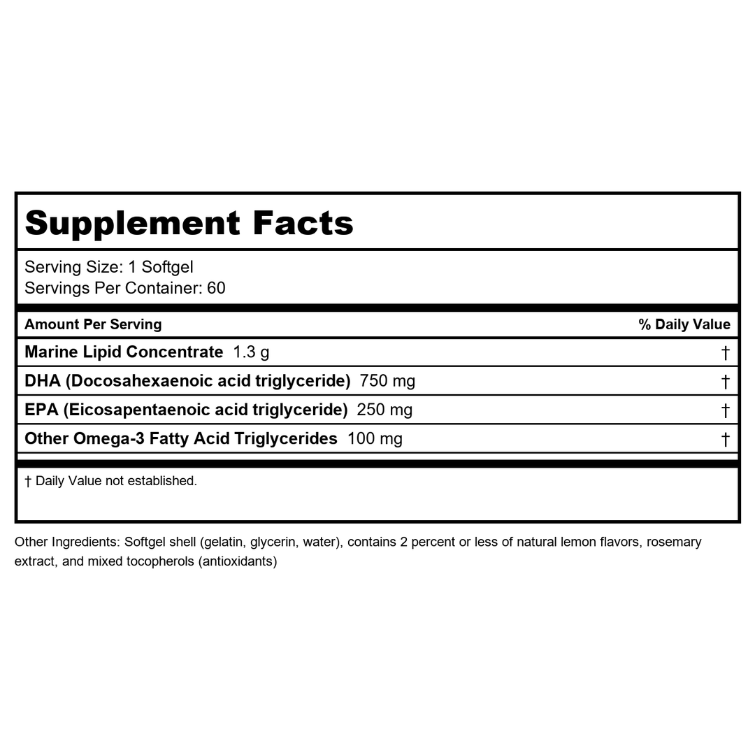 Metagenics - OmegaGenics Neuro 1000, 750 mg DHA and 250 mg EPA, Concentrated, Purified Source of Omega-3 Fatty acids, 60 Count - Supplement Facts panel