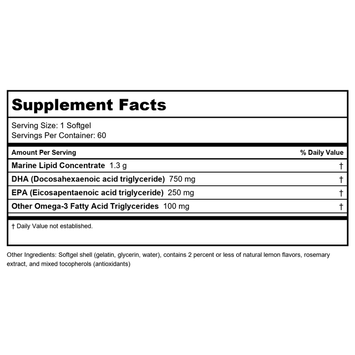 Metagenics - OmegaGenics Neuro 1000, 750 mg DHA and 250 mg EPA, Concentrated, Purified Source of Omega-3 Fatty acids, 60 Count - Supplement Facts panel