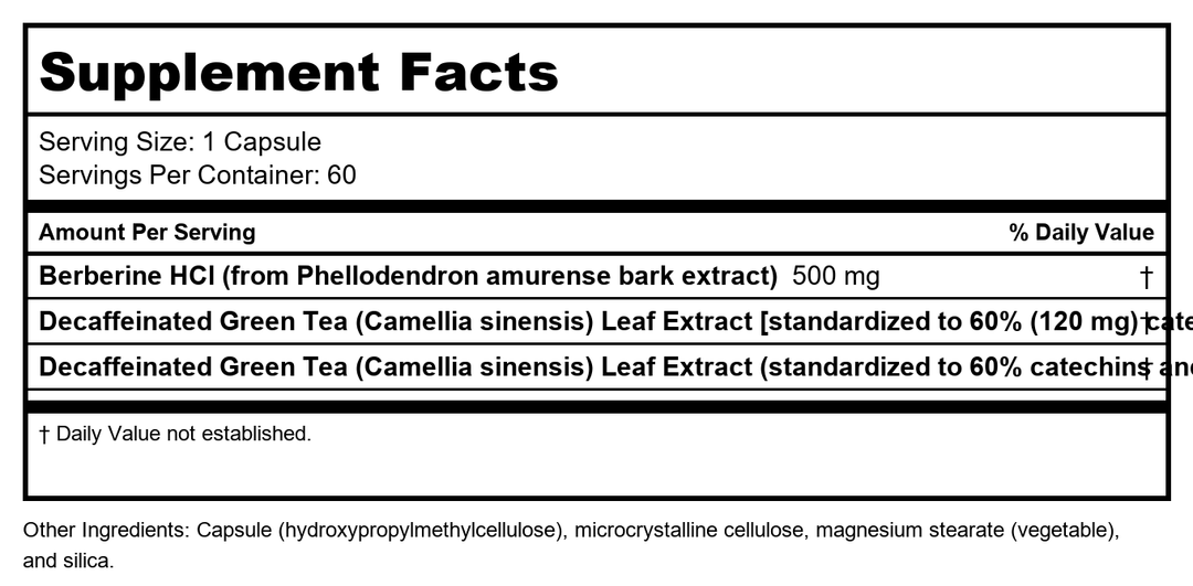 Metagenics Berberine GT - Supports Cardiovascular Health and Healthy Glucose Metabolism* | 60 Count - Supplement Facts panel