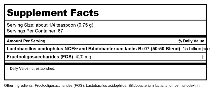 Metagenics UltraFlora? Synergy ? Daily Probiotic ? Immune Health &amp; Digestive Support - Prebiotic* | 67 Servings - Supplement Facts panel