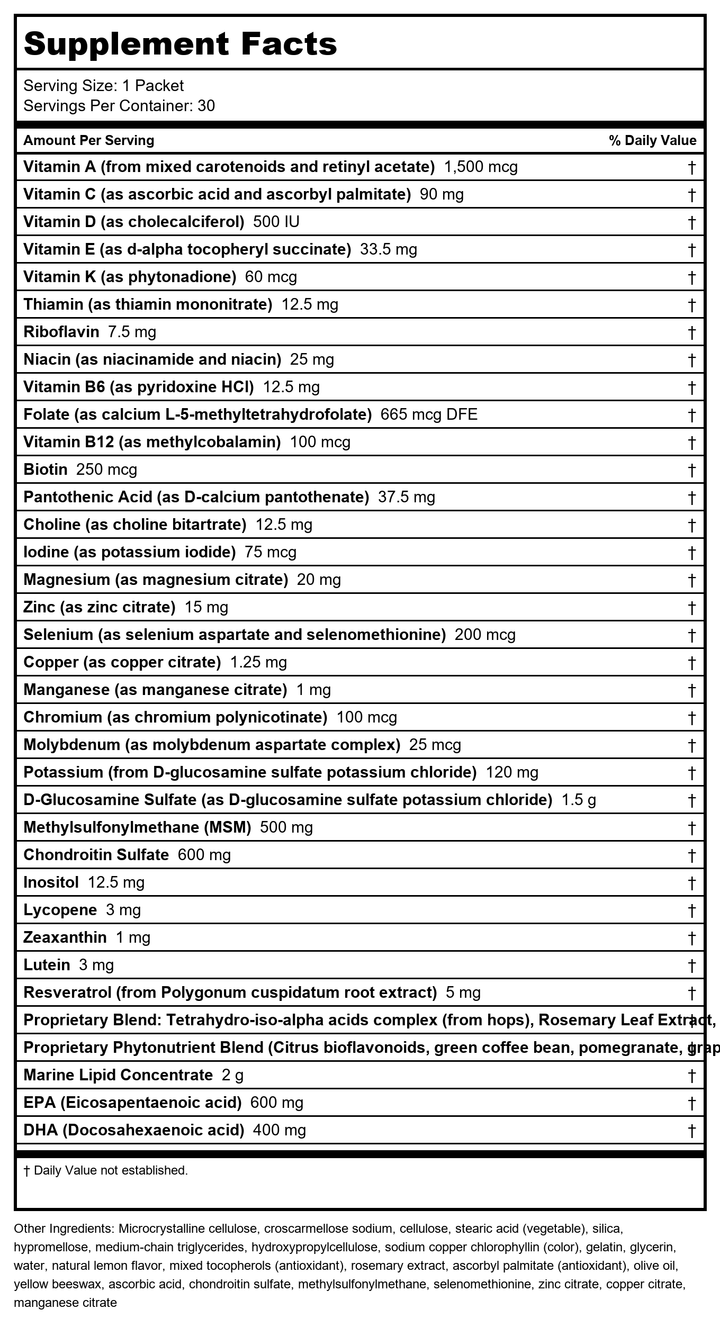 Metagenics Wellness Essentials? Active ? Targeted Joint Support* ? 30 Daily Packets - Supplement Facts panel