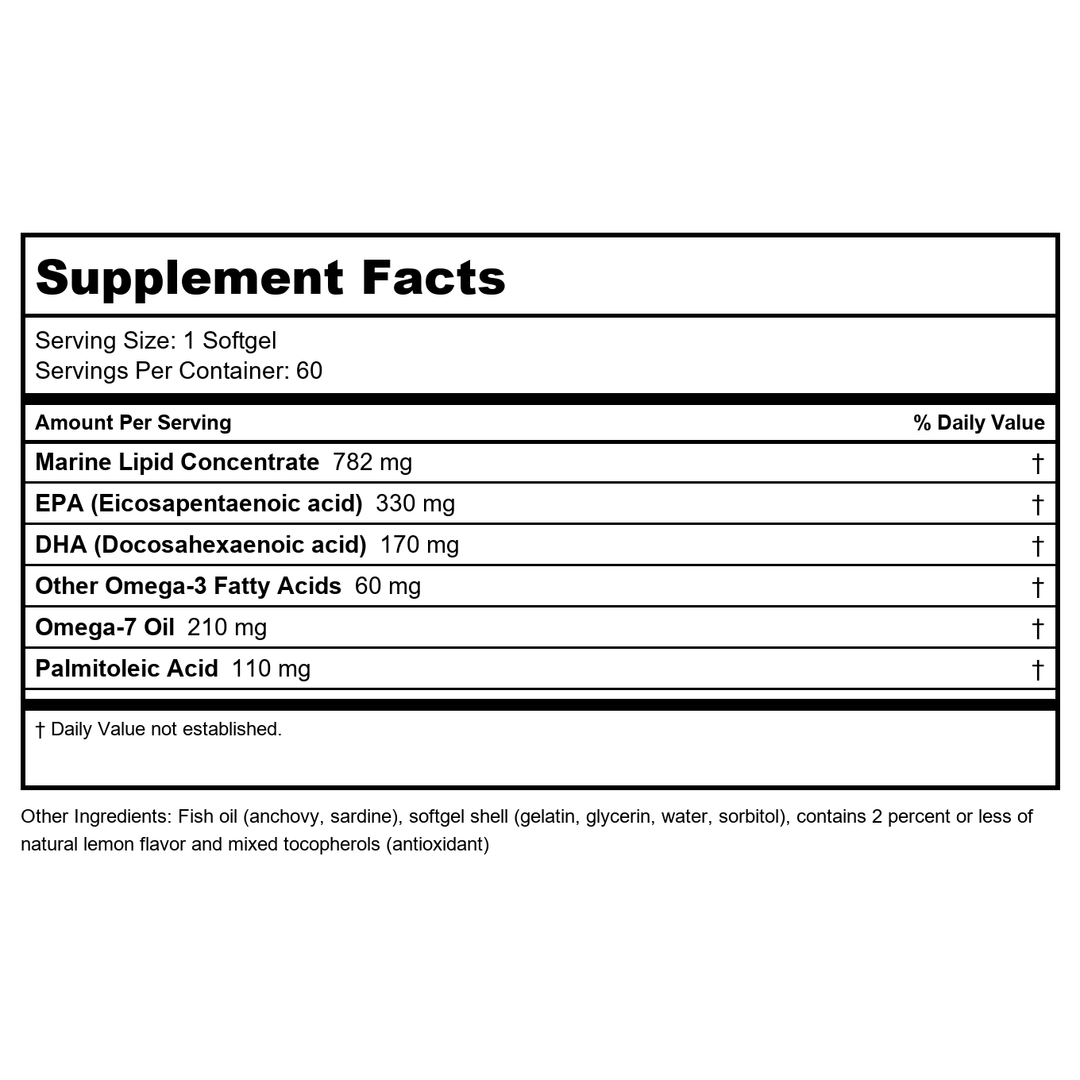 Metagenics - OmegaGenics Mega 10 Omega 7 + 3 Combination - 60 Softgels- 2 Pack - Supplement Facts panel