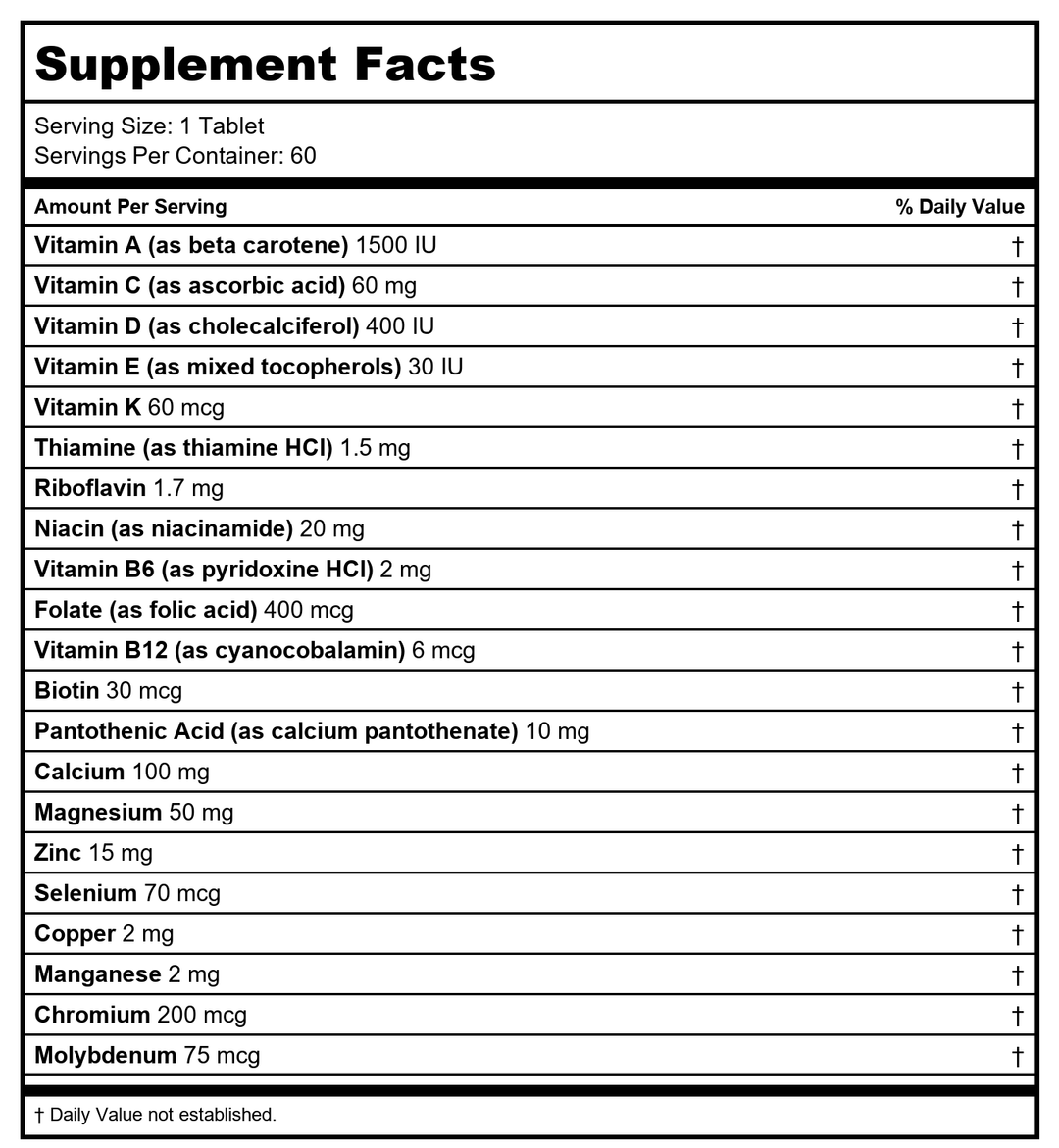Metagenics - PhytoMulti without Iron 60 Tablets - Supplement Facts panel