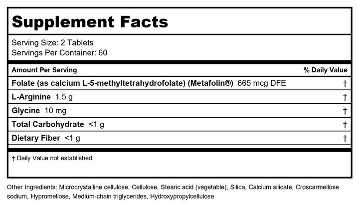 Arginine Plus 120 tabs (Formerly Arginine Plus + Actifolate) - Metagenics - Supplement Facts panel