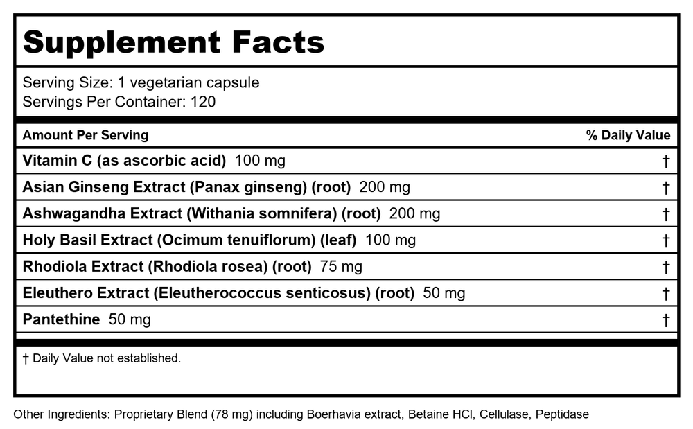 Apex Energetics Adaptocrine XL 120 Capsules (K-124) - Supplement Facts panel