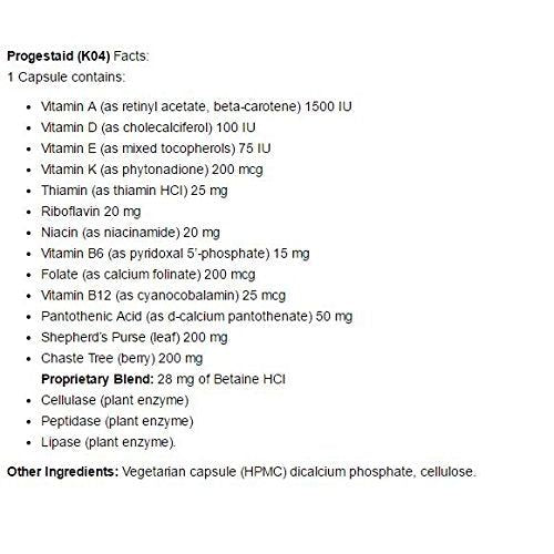 Apex Energetics K-4 Progestaid (90 Caps) - Supplement Facts panel