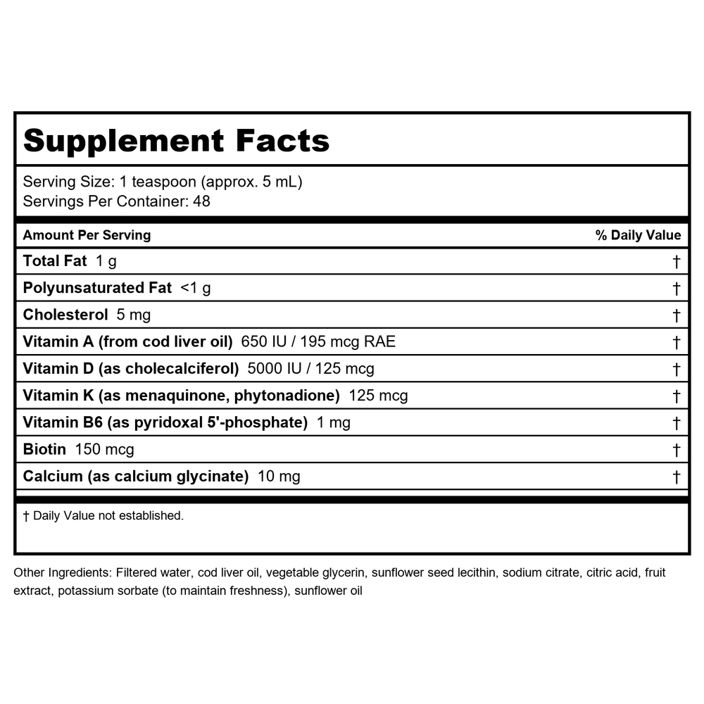 Apex Energetics Ultra-D 5000 (K-78) ~ Emulsified Vitamin D with Cod Liver Oil Genistein & Cofactors - Supplement Facts panel