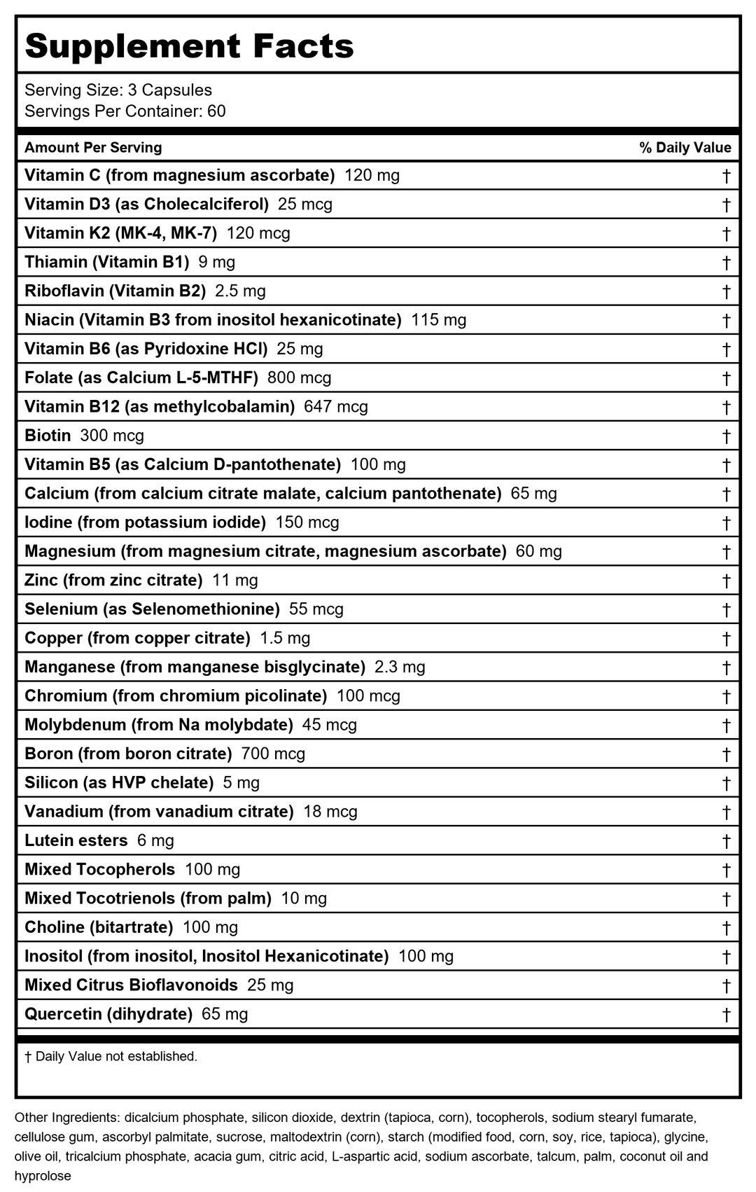 Multi Basics 3 (180 VeggieCaps) Brand: A.O.R Advanced Orthomolecular Research - Supplement Facts panel