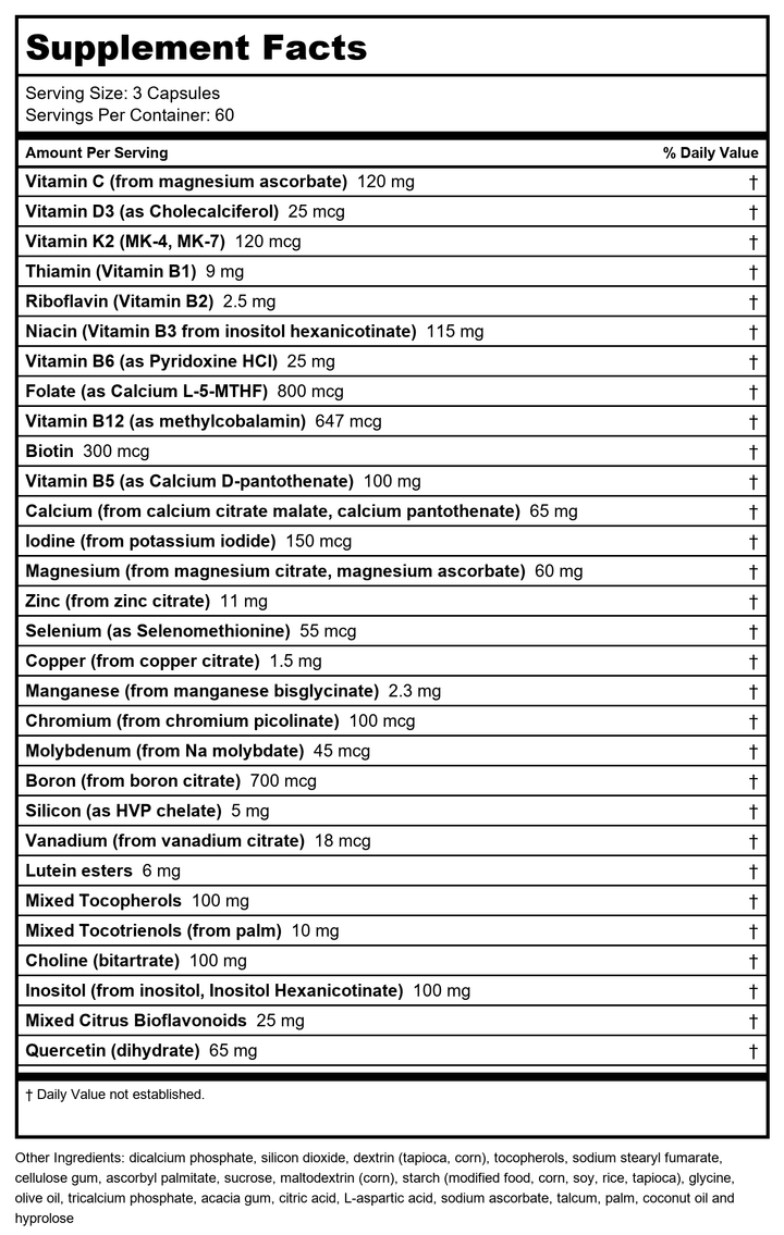 Multi Basics 3 (180 VeggieCaps) Brand: A.O.R Advanced Orthomolecular Research - Supplement Facts panel