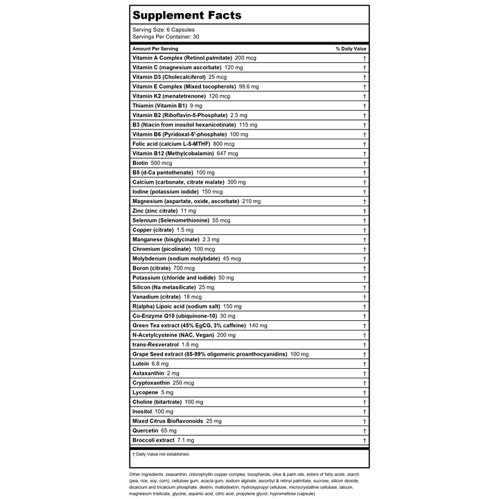Ortho-Core, Advanced Multivitamin/Mineral Formula, 180 Capsules by Advanced Orthomolecular Research AOR - Supplement Facts panel