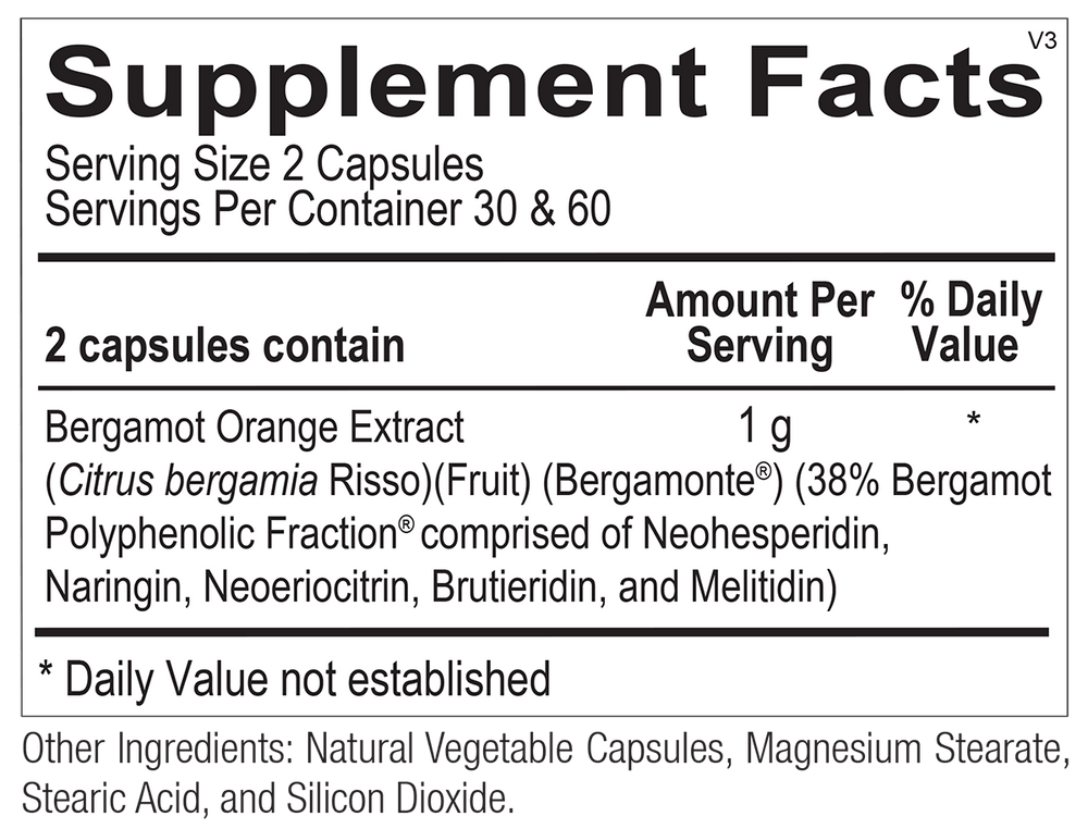 Bergamot Bpf Ortho Molecular - 120 Count - Supplement Facts panel