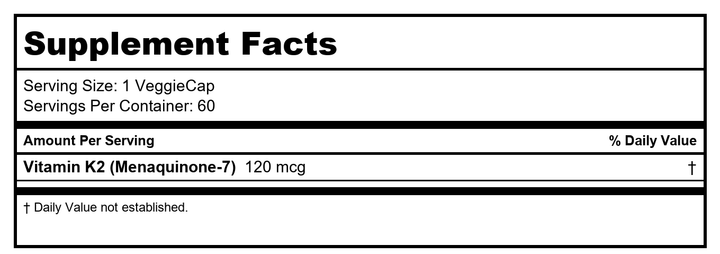 Vitamin K2 120mcg (60 VeggieCaps) Brand: A.O.R Advanced Orthomolecular Research - Supplement Facts panel