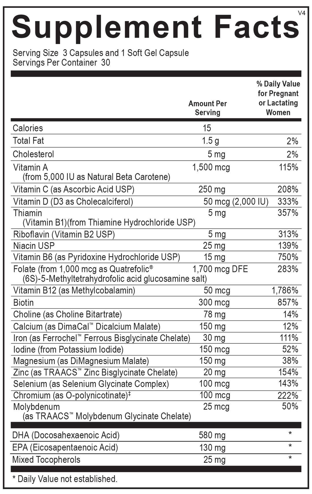 Ortho Molecular - Prenatal Complete with DHA - 30 Day Supply (6 - 15 Capsule and 5 softgel Capsule Packages) - Supplement Facts panel