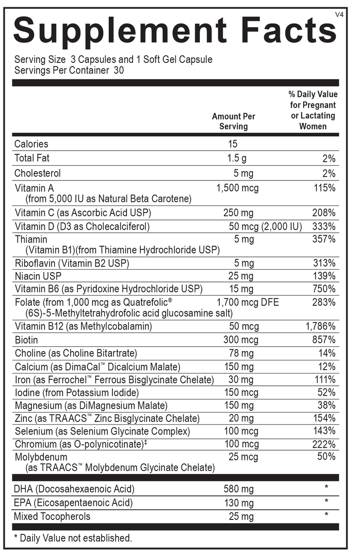 Ortho Molecular - Prenatal Complete with DHA - 30 Day Supply (6 - 15 Capsule and 5 softgel Capsule Packages) - Supplement Facts panel