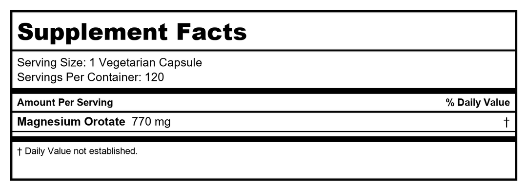 Cardio-Mag 770mg Magnesium Orotate (120 Vegi-Capsules) Cardiomag Magnesium Taurate Alternative Brand: A.O.R Advanced Orthomolecular Research - Supplement Facts panel