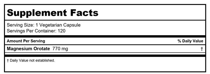 Cardio-Mag 770mg Magnesium Orotate (120 Vegi-Capsules) Cardiomag Magnesium Taurate Alternative Brand: A.O.R Advanced Orthomolecular Research - Supplement Facts panel
