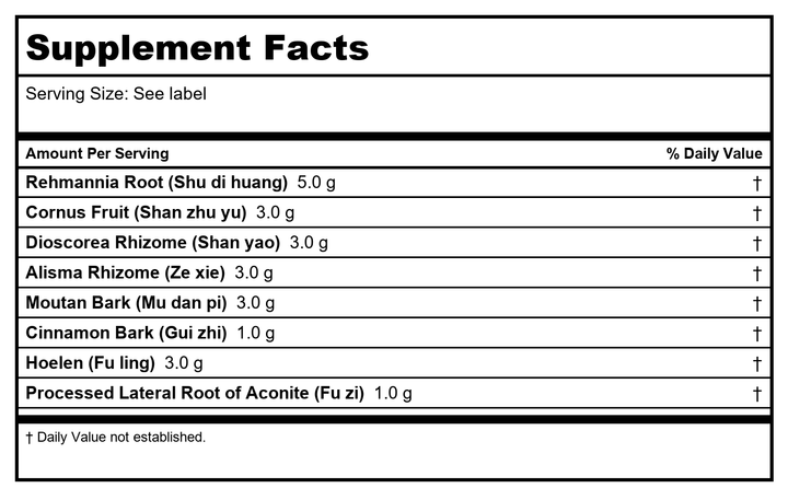 Kan Herbs Essentials Rehmannia Eight Combination 1 Ounce - Supplement Facts panel