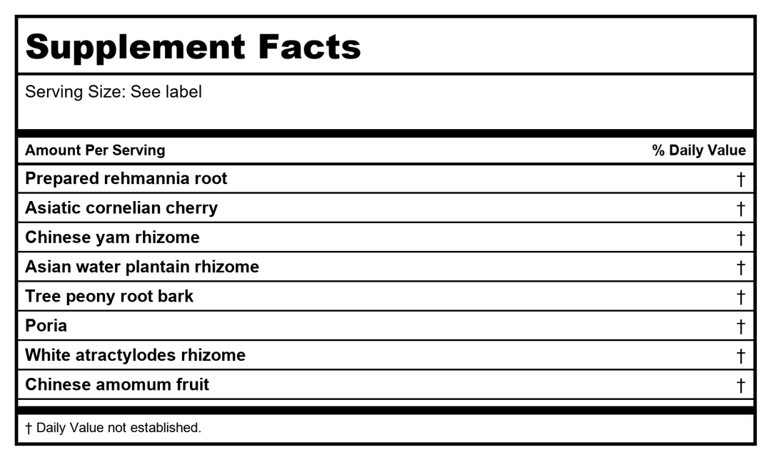 Kan Herb Traditionals Rehmannia Six 120 Tablets - Supplement Facts panel