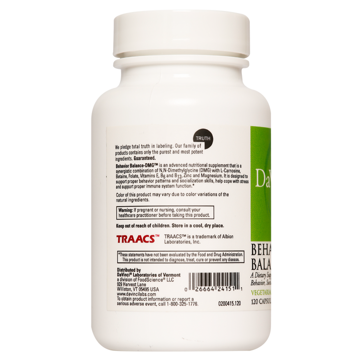 Davinci Labs - Behavior Balance-Dmg 120 Vcaps - Supplement Facts / Ingredients panel