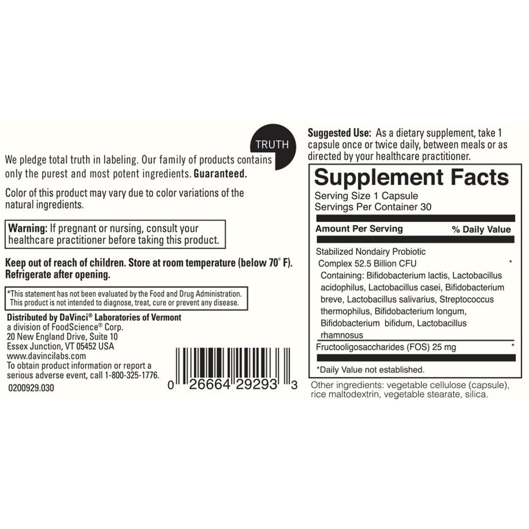 Davinci Labs Nondairy Probiotic 50 30 Caps - Supplement Facts panel