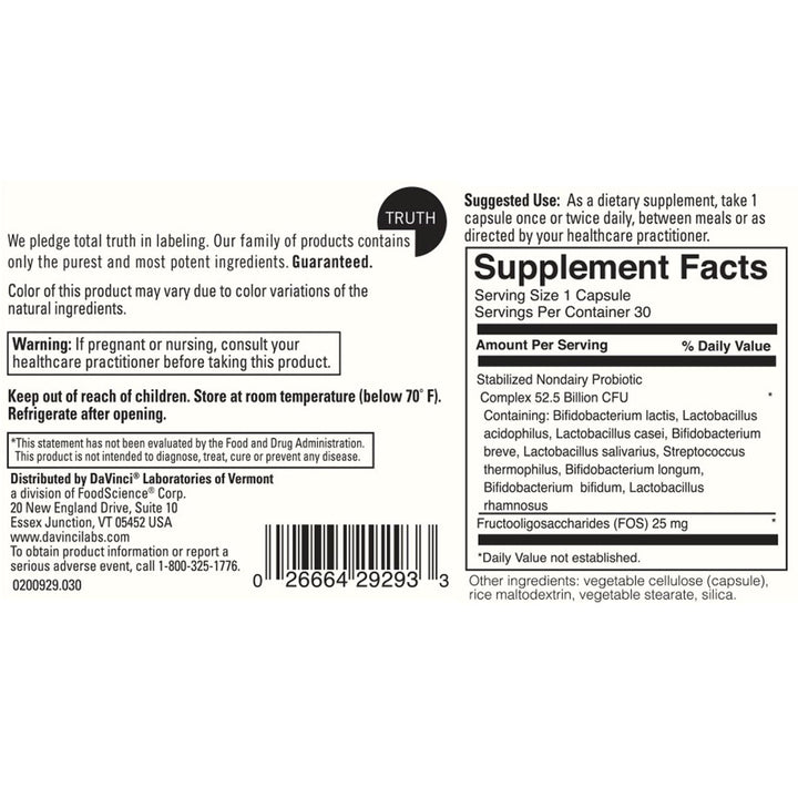 Davinci Labs Nondairy Probiotic 50 30 Caps - Supplement Facts panel