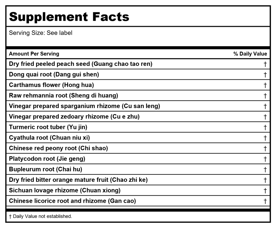 Kan Herb Essentials Dispel Stasis in The Palace of Blood 8 Ounce - Supplement Facts panel